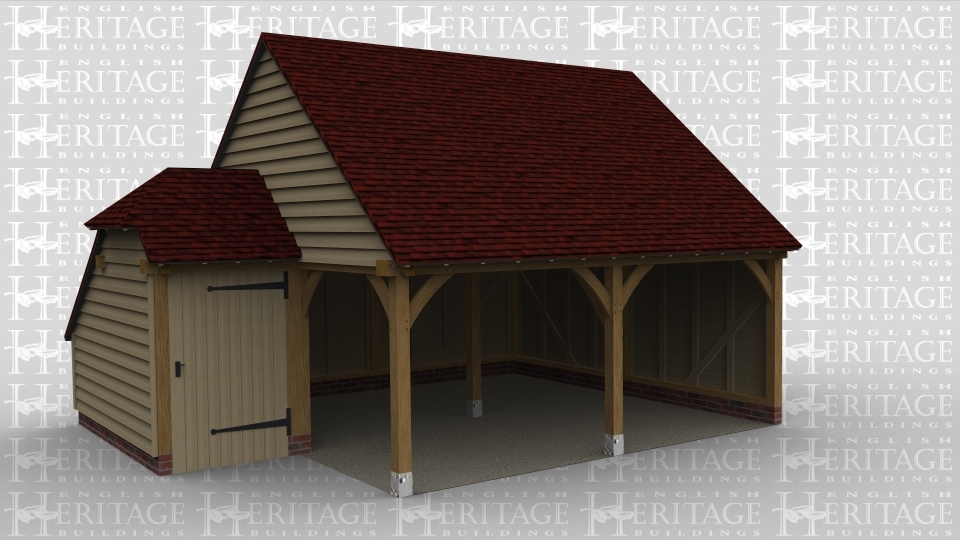 An oak framed garage with two open bays and a small storage space connected next to it.