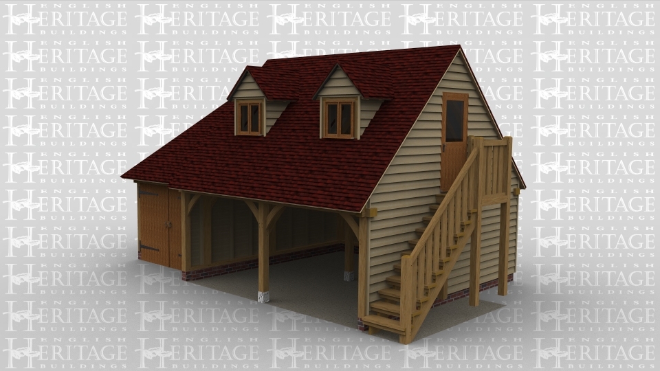 An oak framed garage. Bottom floor has two open parking bays and one smaller enclosed one which could be used for a car or storage which has a set of barn doors. An external staircase leads to the upstairs which has two dormer windows.
