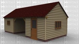 An oak framed workshop / storeage. One end has a set of barn doors whilst the other uses a single door, in the centre is a shelterd space to the front leading to a storage area. Single windows are used in both buildings.