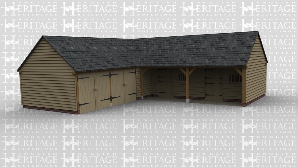 An L shaped oak framed building, with two bay garage and storage area. Attached is two bays for stables.
