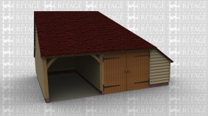 An oak framed garage with one open parking bay and secure space next door which has some roof lighting and extra space with the aisle on the side.