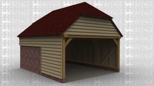An oak framed open garage with two bays deep.