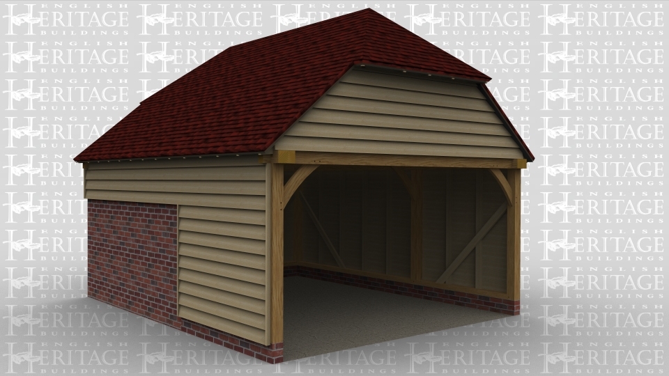 An oak framed open garage with two bays deep.