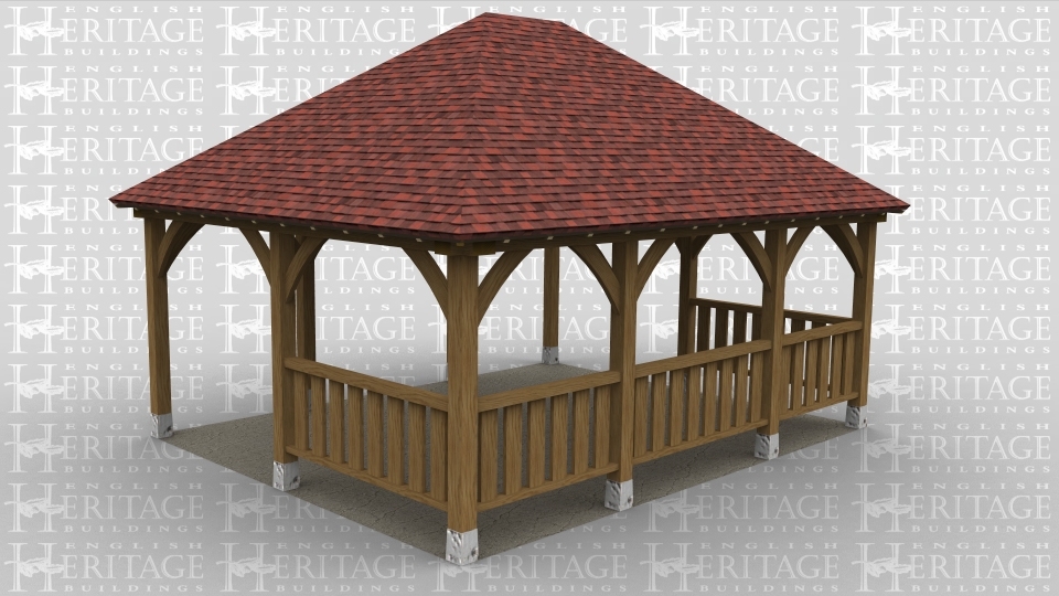 An oak framed gazebo with ballastrade.