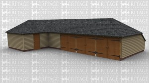 An L shaped oak framed garage with three bays enclosed by a set of barn doors each and an attachted studio space.