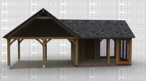 An oak framed garage with two open bays which lead to a space that had full height glazing.