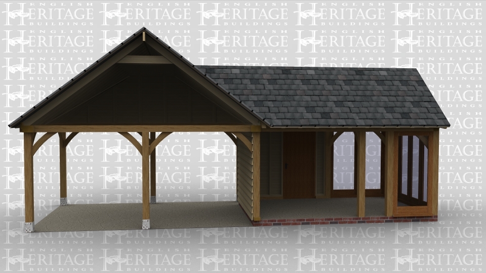 An oak framed garage with two open bays which lead to a space that had full height glazing.