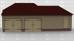 An oak framed garage with two bays for parking enclosed by two sets of barn doors. There is a storage space connected to the garage accesible both inside and out.