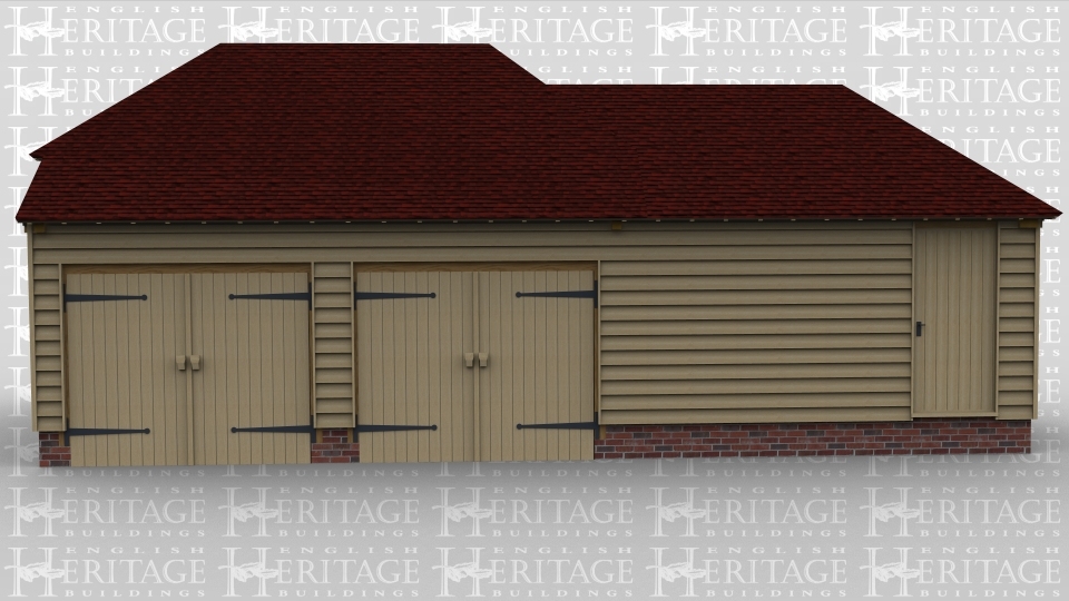 An oak framed garage with two bays for parking enclosed by two sets of barn doors. There is a storage space connected to the garage accesible both inside and out.