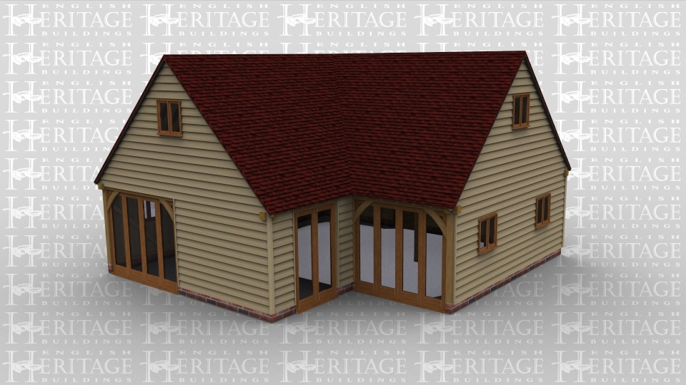 An oak framed two storey house. Features include full height glazing, single windows, and a door.