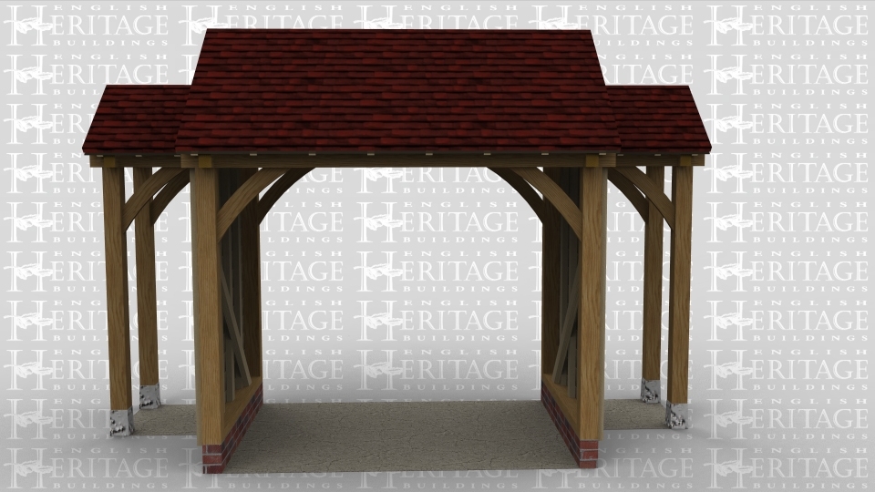 An oak frame porch with a main entry way in the centre and 2 outer walkways either side.