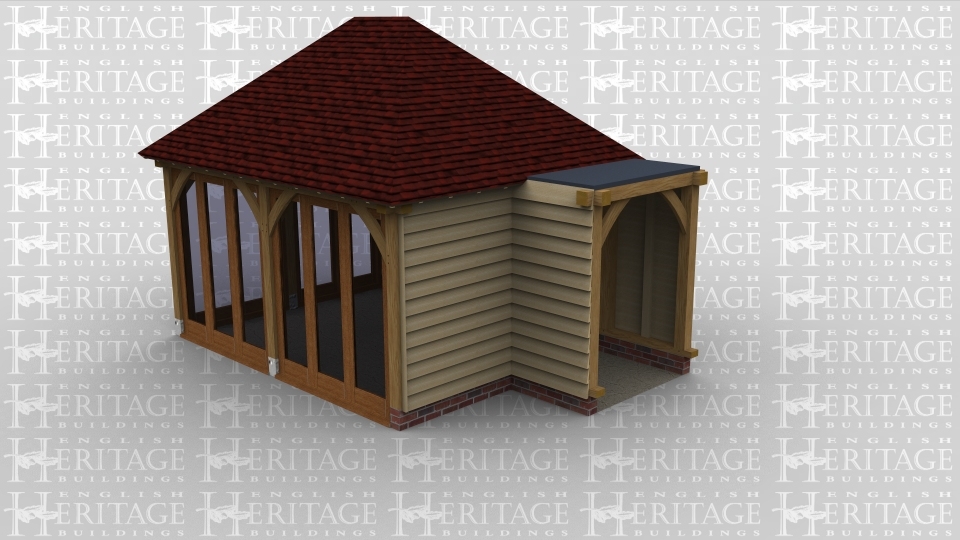 An oak frame garden room with full height glazing on 2 sides and a walk way to connect to existing building.