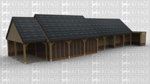An oak framed complex with a thatched roof, first bay is an open shelterd area then three bays with full height glazing. the last four bays create two large rooms and attached it storage space with a flat roof.