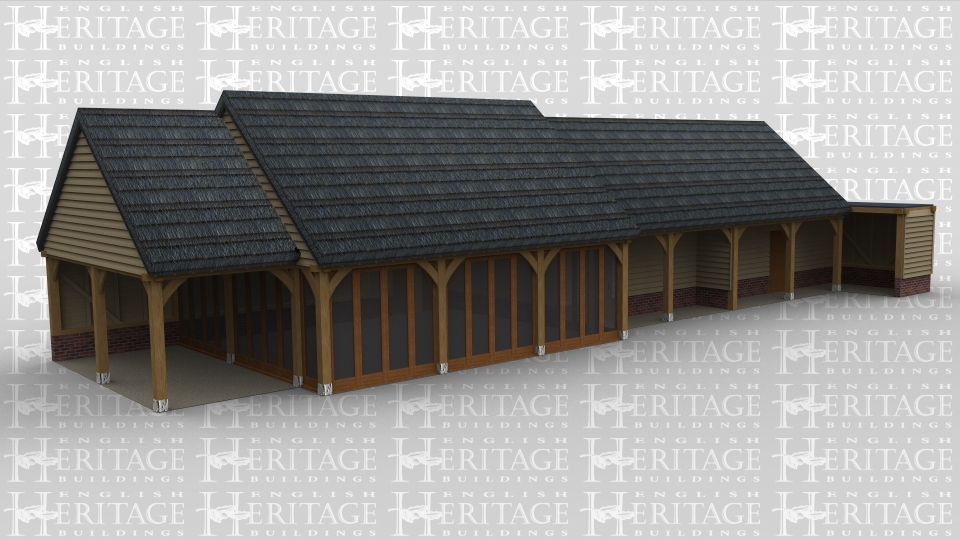 An oak framed complex with a thatched roof, first bay is an open shelterd area then three bays with full height glazing. the last four bays create two large rooms and attached it storage space with a flat roof.