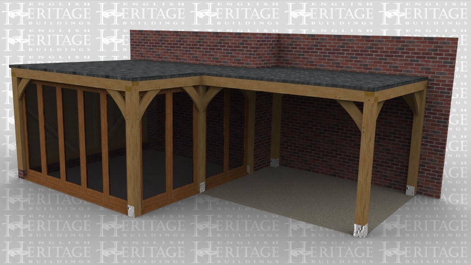 An oak framed building with a flat roof that is 2 bays in size, there is a completely open area with access to an interior area though full height glazed doors. This part of the building has full height glazing on 2 sides to allow for plenty of natural light in the room