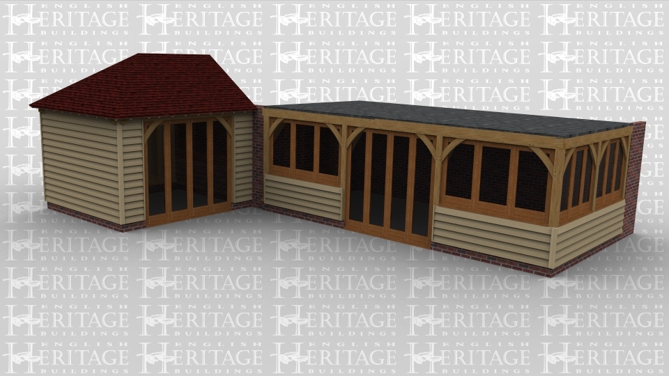 An oak framed leisure building with one room containing full height glazing to allow for plenty of natural light in the room. The building also another room with full height glazing as well as 2 sides covered by smaller windows and a flat roof.