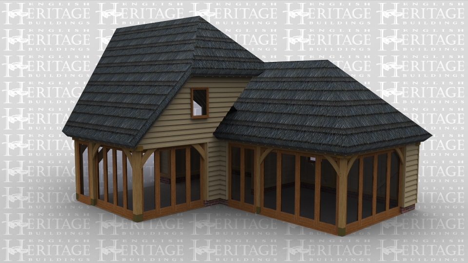 A oak frame home extension with upper floor and a thatched roof. The ground floor has full height glazing on 4 walls and a single window on the back of the extension, the first floor area has one window to allow the natural light into the room