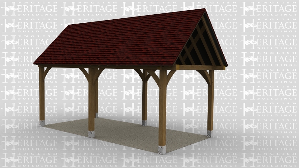 An open oak frame car port.