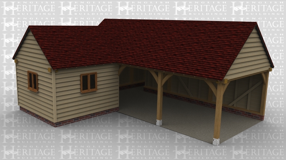 An oak framed garage / workshop with a large area being open but with a small room to the left with 2 windows.
