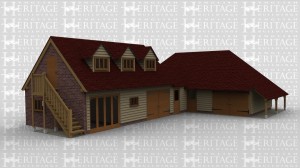 An oak frame complex with full height glazing and a large barn door at the front, as well as two half glazed doors. On the right hand side on this building there is a covered aisle and on the left is an external staircase that leads to the first floor. On the first floor there  are 3 dormer windows to allow natural light into the room