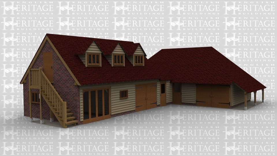 An oak frame complex with full height glazing and a large barn door at the front, as well as two half glazed doors. On the right hand side on this building there is a covered aisle and on the left is an external staircase that leads to the first floor. On the first floor there  are 3 dormer windows to allow natural light into the room