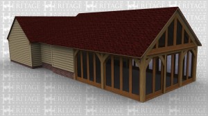 An oak frame building with a 2 bay open ended garage on one side of the building, there are also 2 small windows on the side of the garage. On the other side of the building there is a room with full height glazing along 3 of the walls to allow plent of natural light to fill the room.