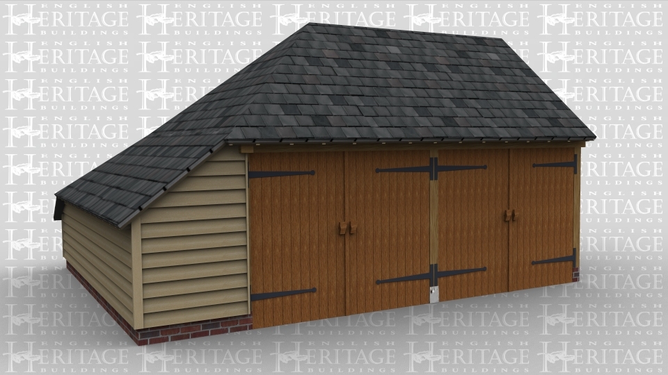 A traditional 2 bay oak framed garage with two sets of garage doors and a aisle to the left.