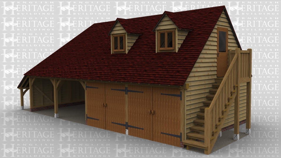 A 4 bay oak frame garage with an external aisle on the left. The front of the frame has 2 bays open and 2 bays each enclosed with a pair of garage doors. On the right wall is a star case leading to the first floor. On the first floor there is a  half glazed door allowing access while at the front there are 2  dormer windows each housing a 2 light window to allow the natural light into the first floor area.
