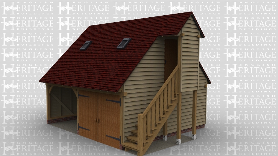 A 2 storey oak framed garage with 1 open ended bay and another bay with barn doors, beside this is an external staircase with canopy to the first floor. On the first floor there is a 2 metre by 2 metre balcony area through full height glazed doors. The first flor of this building also has 4 rooflights to allow the natural light to enter the room.