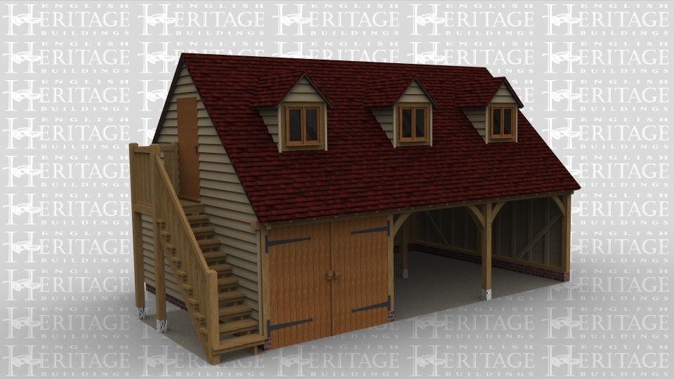 An oak framed garage with 2 open ended bays as well as another bay with barn doors. There is an external staircase leading to the first floor, this area includes 3 dormer windows at the front of the building.