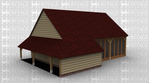 An oak frame garden room with garage and storage space. barn doors at the front, to the right there is an aisle on the side. The other side of the building has full height glazing down one side.