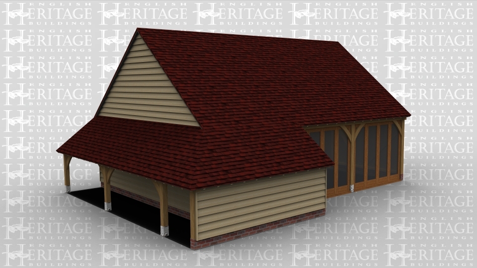 An oak frame garden room with garage and storage space. barn doors at the front, to the right there is an aisle on the side. The other side of the building has full height glazing down one side.