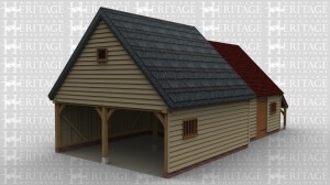 A oak framed building with a 2 bay open garage and workshop. The roof of the garage area is thatched while the rest on the building has a clay tile roof, the front on the building has a normal door at the front next to a small glazed window and a logstore to the right.