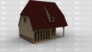 An oak frame leisure building with a stoage area with shelterd access and next to it a function room. this steep roof pitch gives plenty of upper floor space and has a single pitched dormer.