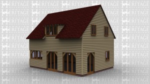 An oak framed house with full height glazing on 2 sides as well as several smaller windows on the lower floor. On the upper floor there is another window with full height glazing and  also a dormer window on the  front of the building.