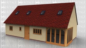 A Oak framed house with upper floor and full height glazing on 2 sides of the building, as well as this there are 5 other smaller windows on the lower floor. there is also a door on either side of the house .