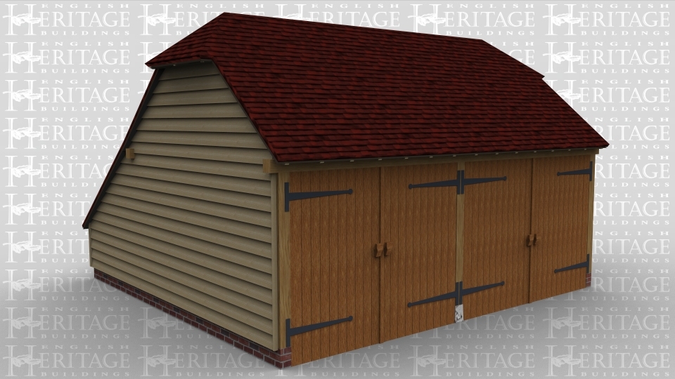 A 2 bay traditional oak frame garage with 2 sets of barn doors