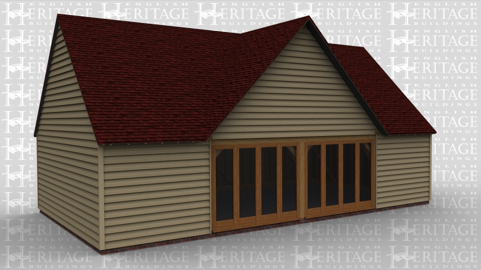 A 4 bay detached oak frame home extension with 2 full height glazed doors to allow lots of natural light in. The front of this building has a feature roof gable wich creates an open vaulted roof space inside.