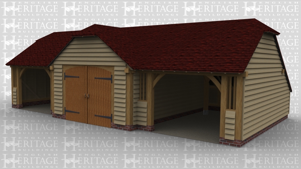 A 3 bay oak frame garage with an enclosed bay in the centre complete with barn doors and either side there is an open bay. The centre bay projects out and the ridge line runs front to rear which adds more character to the building.