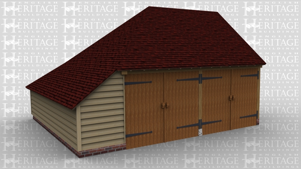 A 2 bay oak frame garage with enclosed aisle on the left side.