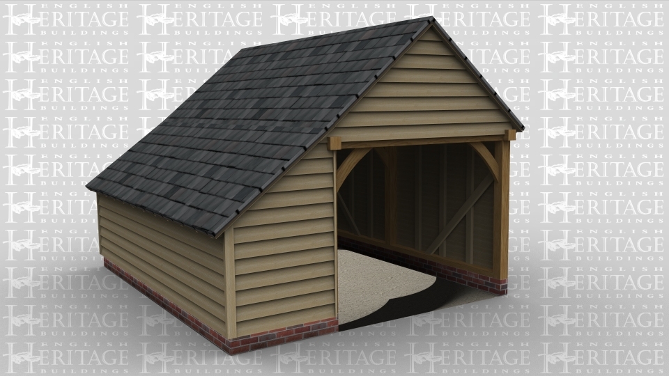 A 1 bay oak framed garage open on the left with an intenal aisle at the rear.