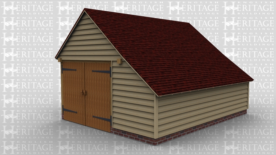 A traditional single oak framed garage with barn doors at the front, a single door to the rear and a enclosed aisle to the right.