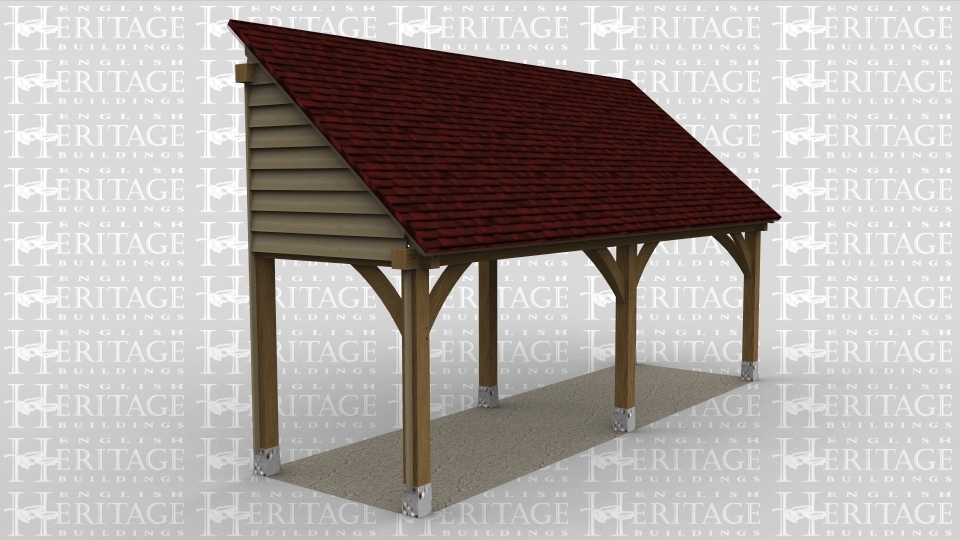 An oak frame monopitch home extension left open on all sides and connects to an existing building on the front.