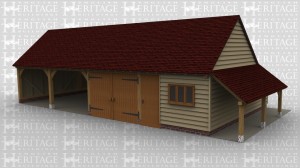 A 4 bay oak frame garage with two bays left open at the front while the other two are enclosed, one with garage doors and the other room with a solid single door which could be used as a workshop, the front of the building also has a three light window. On the right is an external aisle  / log store