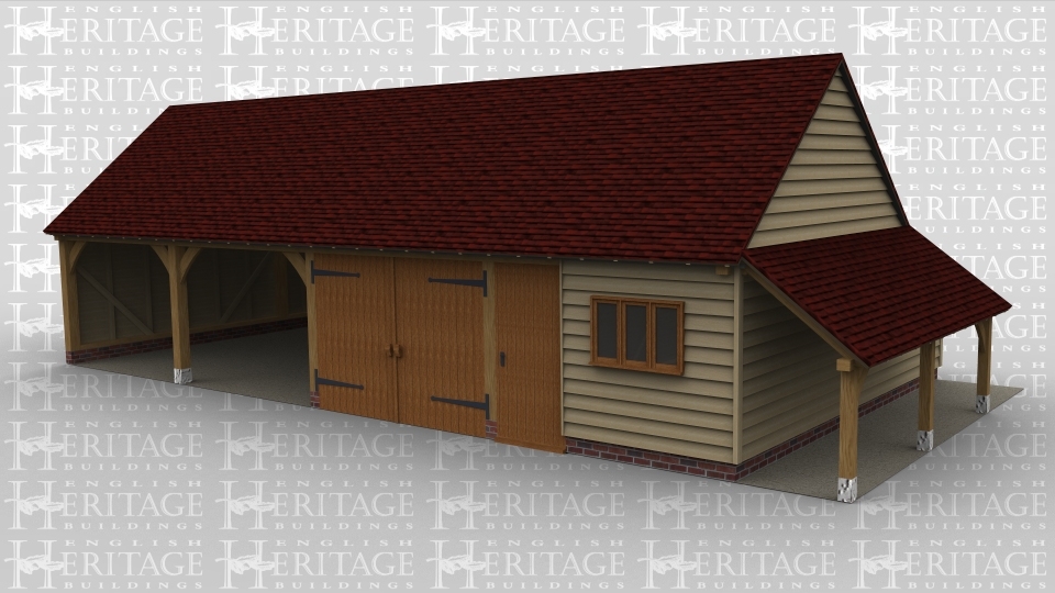 A 4 bay oak frame garage with two bays left open at the front while the other two are enclosed, one with garage doors and the other room with a solid single door which could be used as a workshop, the front of the building also has a three light window. On the right is an external aisle  / log store