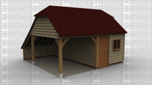 A 2 bay oak frame garage with one bay open at the front and left whilst the other bay is enclosed via a solid single door as well as a 2 light window at the front. the right of the building has a 3 light window and at the rear is an internal aisle.