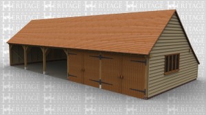 A 5 bay oak frame garage with 3 bays open at the front while the other 2 bays are enclosed with iroko garage doors, the right of the building have a 4light window and the roof is tiled with pantines.