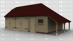 A 3 bay oak frame garage and workshop with 2 bays enclosed via a pair of garage doors while the other bay is enclosed with a solid single door, the front of this building also has a mullion window.The right hand side of the building has an external aisle / log store.