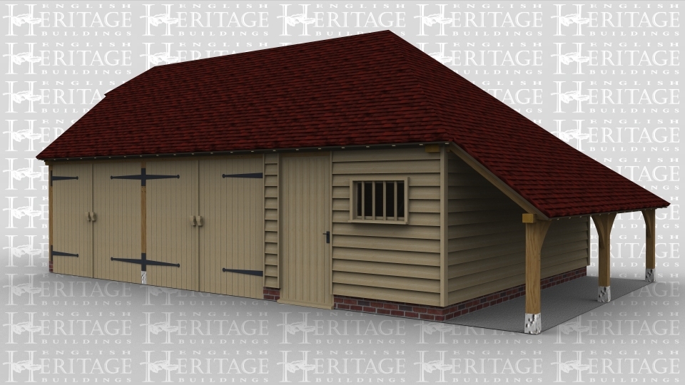 A 3 bay oak frame garage and workshop with 2 bays enclosed via a pair of garage doors while the other bay is enclosed with a solid single door, the front of this building also has a mullion window.The right hand side of the building has an external aisle / log store.