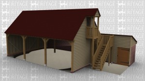 A 4 bay comercial building made up of 2 frames. The first frame has 3 bays on the ground floor and it also has an upper floor. The ground floor bays are all open at the front  with a brick wall to the rear, on the right of the building is a large external oak staircase leading to the first floor. On the first floor is a pergola on the right above a half glazed door. The second frame makes up a single bay  with brick walls on both the right and the rear. The frame is monopitch and has a solid single door at the front.